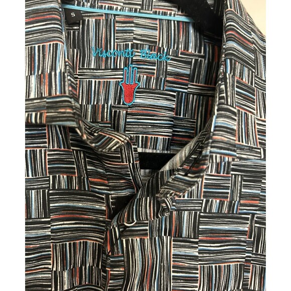 Visconte Black Mens Geo Multi Stretch Cotton Button Up Long Sleeves Shirts Sz S - Picture 4 of 7
